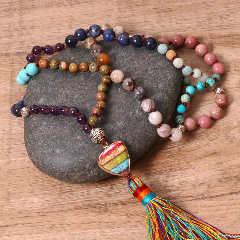 Colorful Stone Pendant Tassel Yoga Women Necklace Elegant Wave