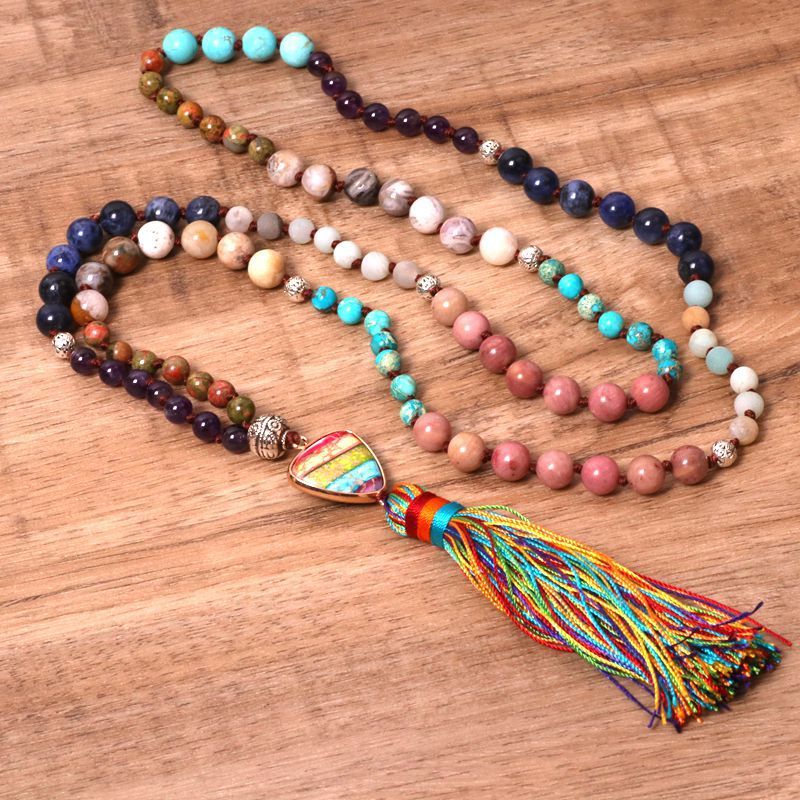 Colorful Stone Pendant Tassel Yoga Women Necklace Elegant Wave