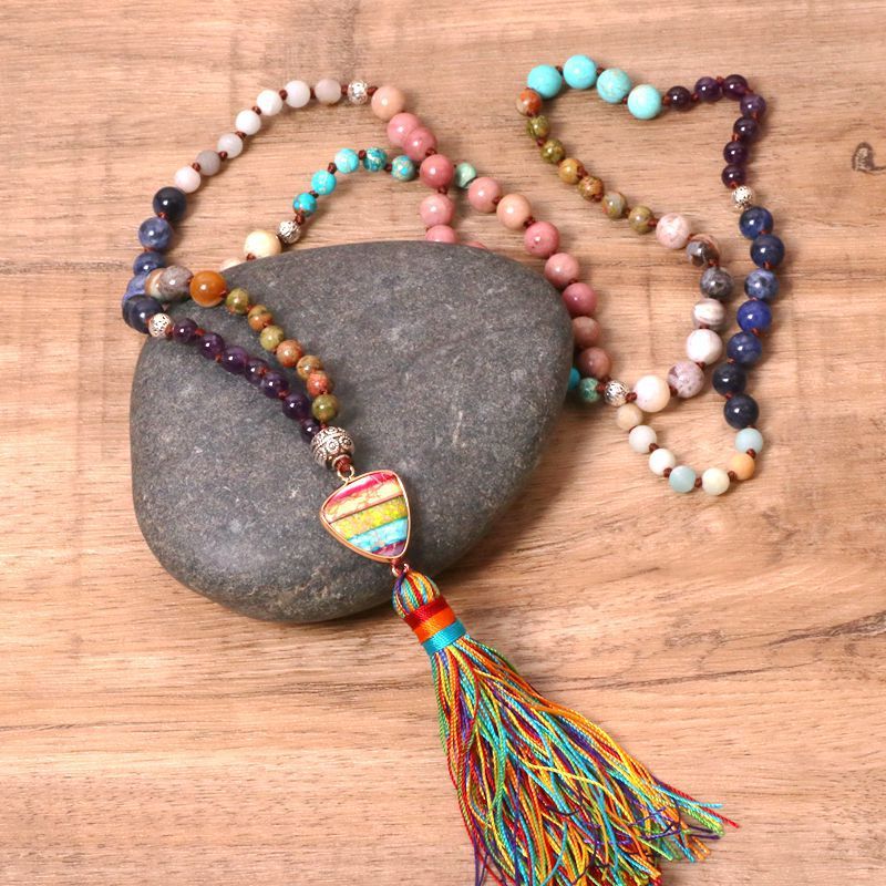 Colorful Stone Pendant Tassel Yoga Women Necklace Elegant Wave