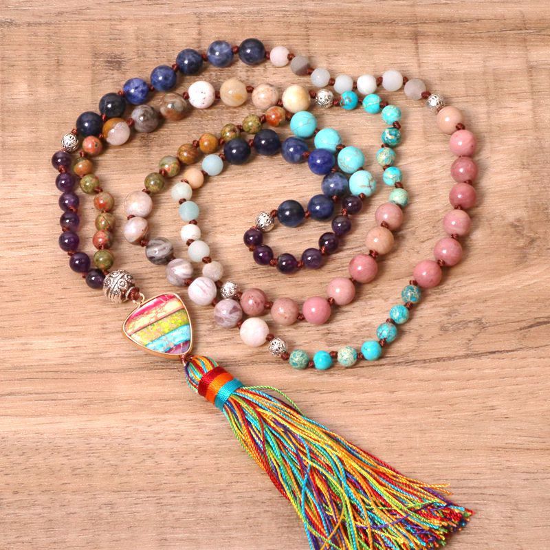 Colorful Stone Pendant Tassel Yoga Women Necklace Elegant Wave